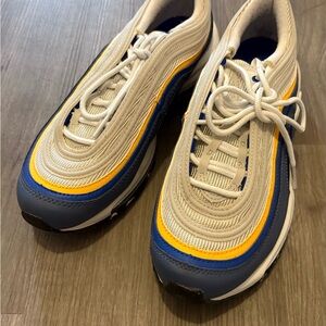 Nike Air Max 97 White and Blue Sneakers with Yellow Accents